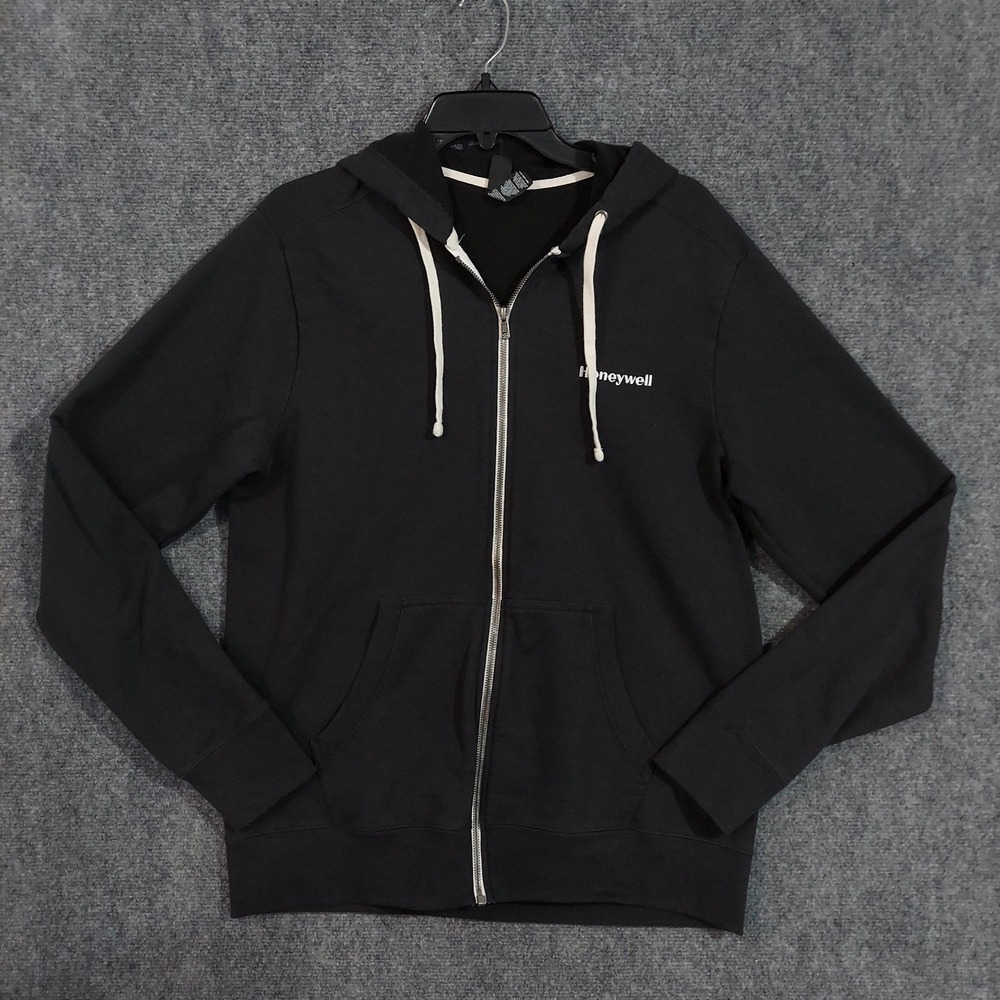 District Honeywell Hoodie Mens Large Black Full Zip‎ Fleece Logo Sweatshirt
